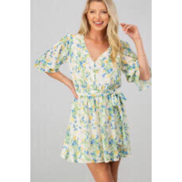 💛🌻🍦FLORAL PRINT PUFF SLEEVE RIBBON WAIST MINI - Picture 2 of 2